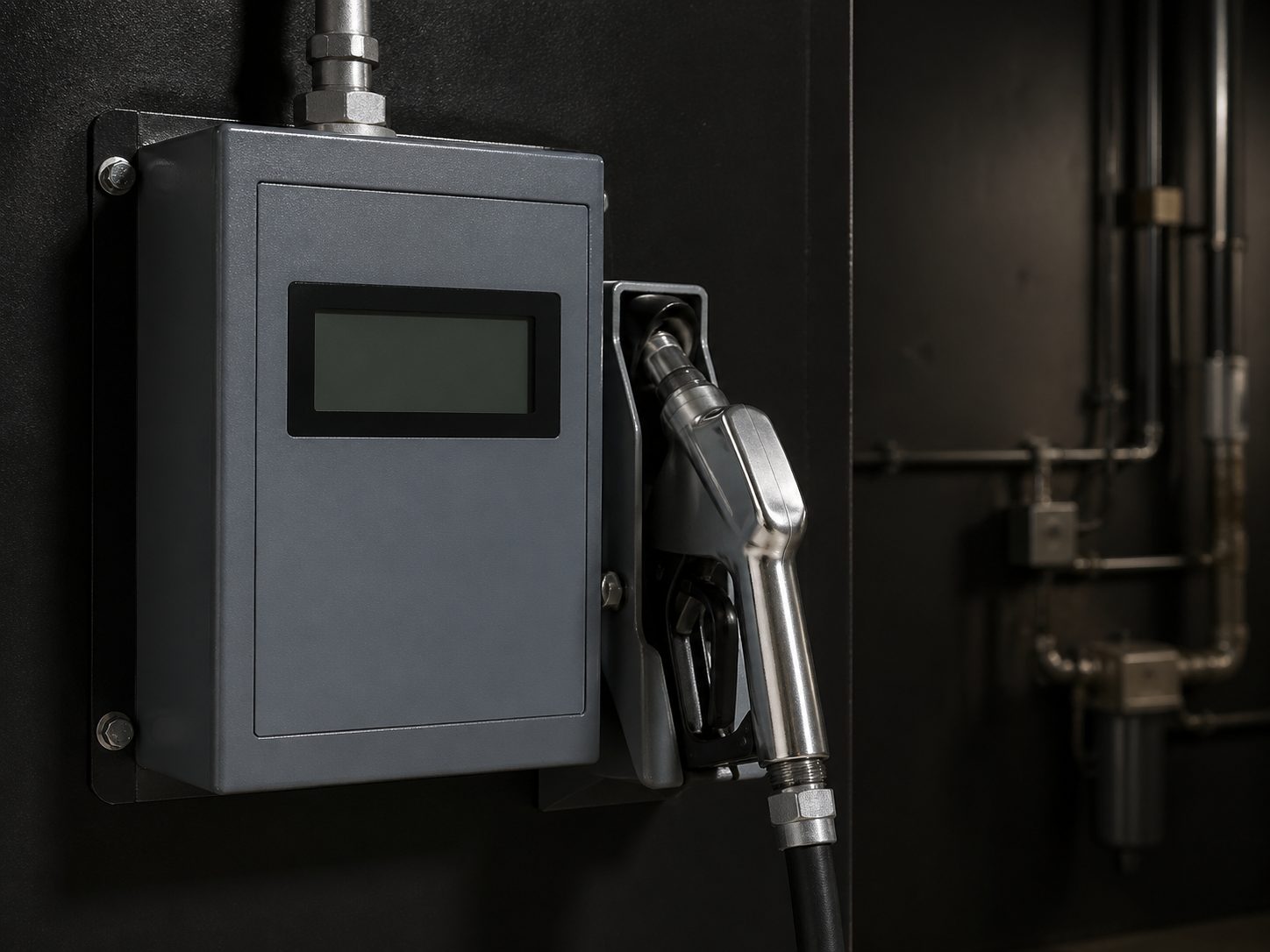 Fuel Meter in professional work truck bed or outdoor industrial storage context, TankVault