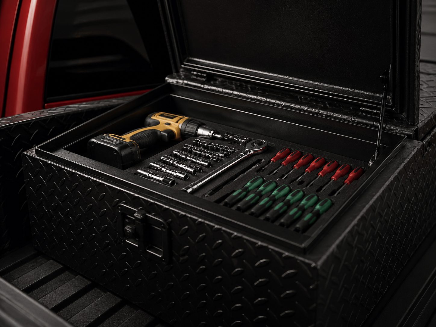 Tool Accessories in professional work truck bed or outdoor industrial storage context, TankVault