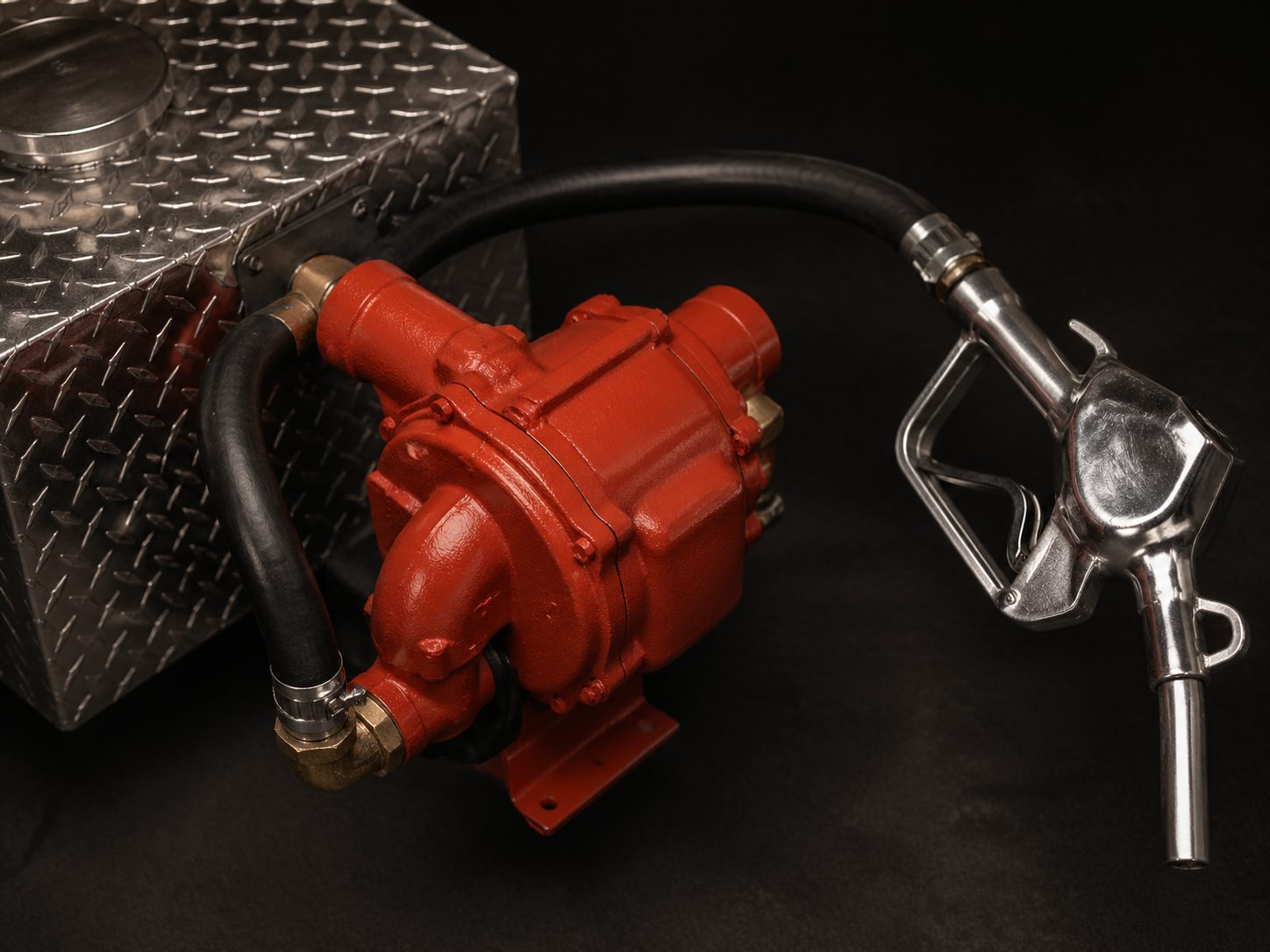 Transfer Pump in professional work truck bed or outdoor industrial storage context, TankVault