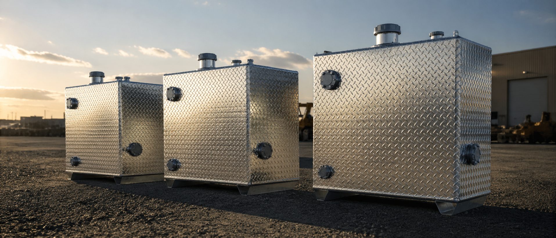 aluminum auxiliary fuel tank and transfer system on professional work truck at a professional jobsite or industrial yard at golden hour, TankVault brand imagery
