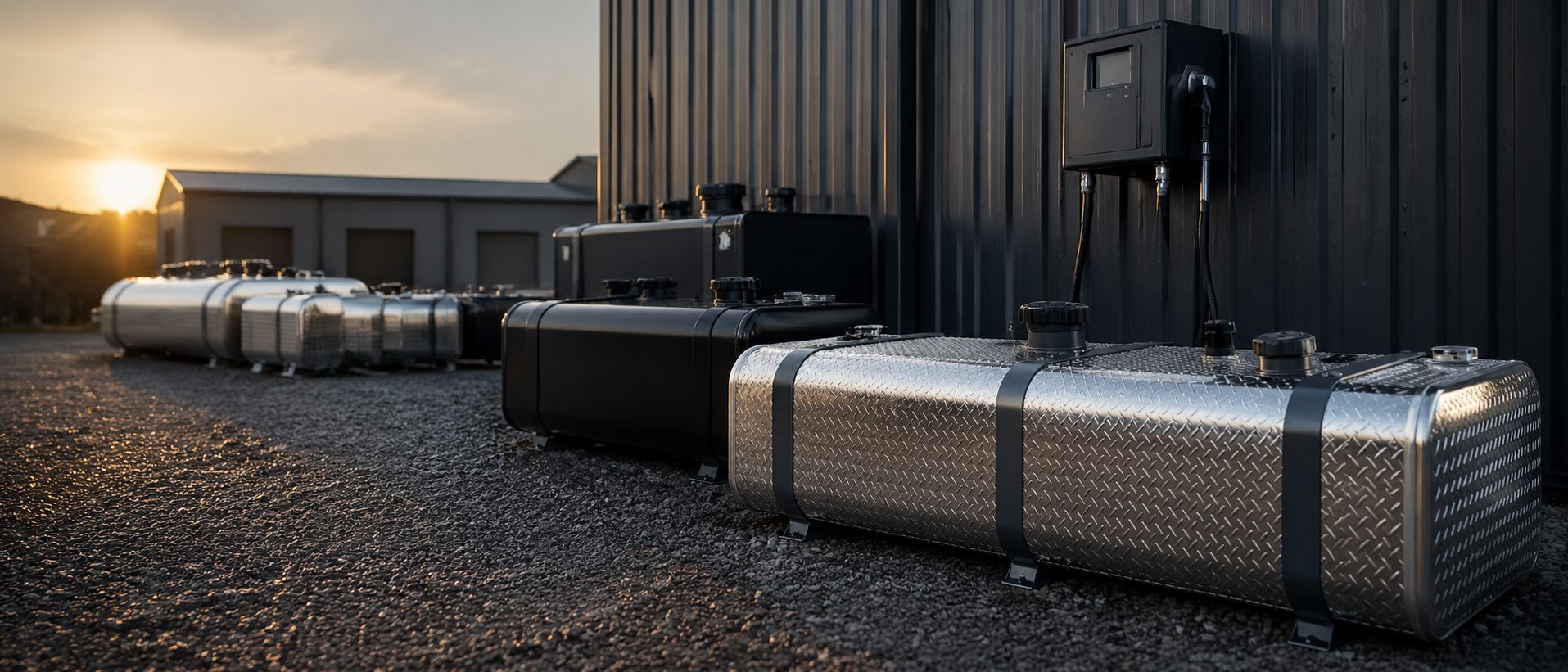 work trucks and equipment with aluminum fuel storage systems at industrial site, TankVault brand imagery near Albuquerque, NM